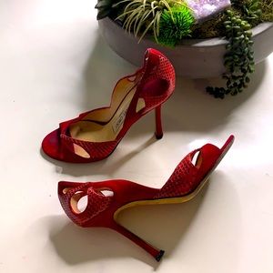 ‼️ SOLD ‼️ Jimmy Choo London Red Ruby Suede & Snakeskin Peep-toe Heels cut out